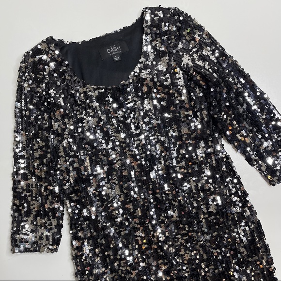 DASH Kardashian long sleeve mini sequin dress silver black sz 4 - Picture 5 of 8